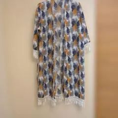 薄手　総柄プリント カーディガン フリンジ付き