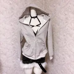 平成ギャル　Y2K ストライプ フード付きパーカー　グランジ