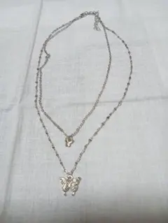 【美品】バタフライモチーフ 2連ネックレス シルバー
