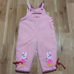 レトロ柄ピンクウサギ刺繍フリースオーバーオール95サイズ　 サロペットつなぎ　冬