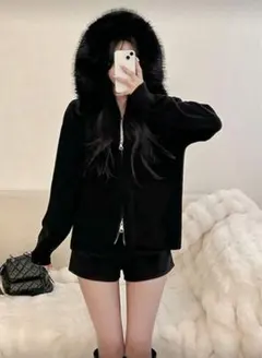 shein 147633268 ファーカラー付きフーデッドニットカーディガン