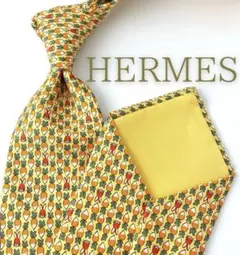 美品 エルメス ネクタイ ハイブランド うさぎ 野菜 アニマル イエロー高級
