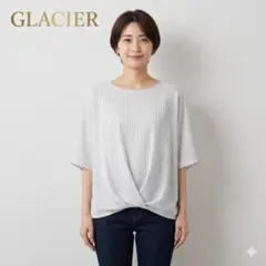 GLACIER ストライプ柄 五分袖 トップス　裏地あり　　ホワイト　白