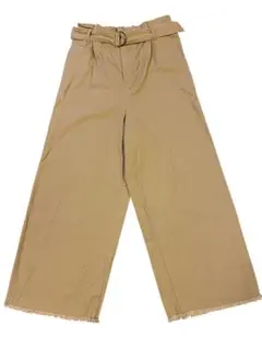 ベージュ ワイドパンツ ベルト付き フリンジ裾