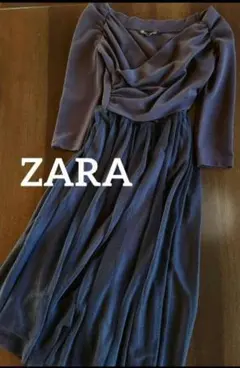 h様専用 美品/ZARAチュールミモレ丈胸元ドレープ七分袖ワンピース フォーマル