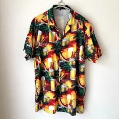 TURETRENDY アロハシャツ L ビール ヤシの木 総柄ポリエステル 美品のサムネイル