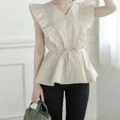 フリルブラウス【S】ギャザー ボタン トップス フレア リボン ベージュ系