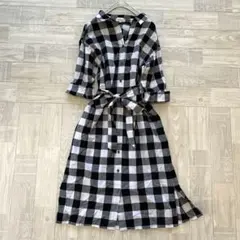 プラステ　リネン混　チェックシャツロングワンピース　 S リボン