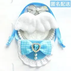 いつぬい ぬい用 羽 重ね チェック リボン スタイ よだれかけ 水色 モンぬい