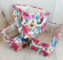 収納バスケット 収納かご 3個セット　折り畳み式 綿麻製 お花