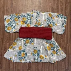 花柄ストライプ ワンピース浴衣 90サイズ 赤帯付き