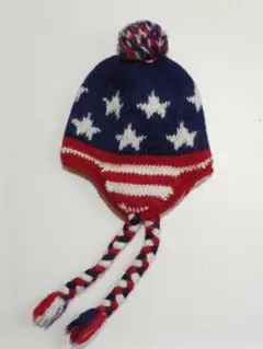 星柄ニット帽 赤・青・白 ポンポン付き　毛100%