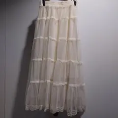 ホワイト チュール レース ティアード ロングスカート