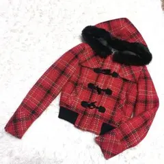 美品✨赤チェック ショート丈ダッフルジャケット ファー付き S 冬カジュアル