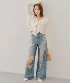 【Chico】ダメージワイドデニムパンツ