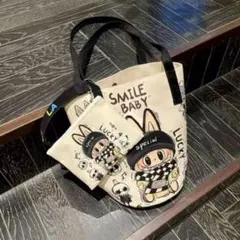 新品ラブブ トートバッグ 　バケツ形　両面ラブブの刺繍　小物ポーチ　ベルト　3点
