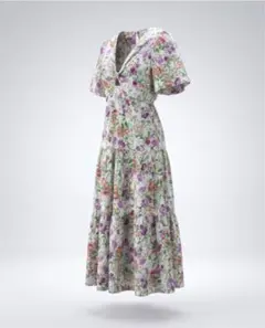 フラワープリント Vネック 半袖 ロングワンピース