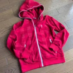 ルコック　レディース フード付き赤色ブロックチェック柄パーカー