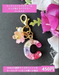 H ミニミニ　イニシャルチャーム　ピンク系ドライフラワー　パール入り　レジン Y ミニミニ イニシャルチャーム ピンク系ドライフラワー パール入り