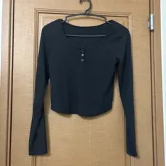 GU 黒 ラウンドネック リブ編みクロップド丈トップス 長袖 Lサイズ