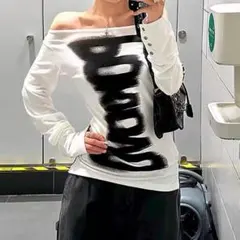 肩出し 長袖カットソー 白×黒 平成ギャル00’Sストリート Y2K M