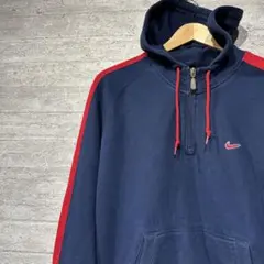【90's 】NIKE ハーフジップ　パーカーネイビー 刺繍　L