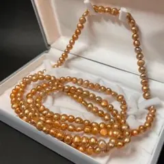 真珠 本真珠　オレンジ系　パール ロングネックレス バロック　2連