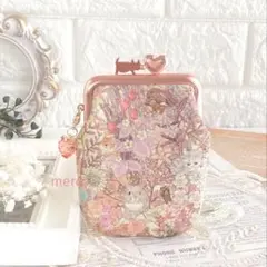 ユキエモン　ボタニカルフラワーpinkポーチハンドメイドがま口猫柄カードポーチ