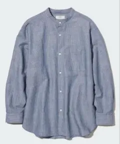 リネンコットンスタンドカラーストライプシャツ(長袖) ブルーＭサイズ
