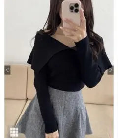 【ワンホン】miu系穿搭 ブラックオフショルダーニットトップス ［dr616］