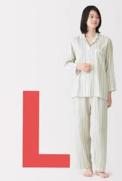 無印良品 婦人 脇に縫い目のない パジャマ アイボリーストライプ Lのサムネイル