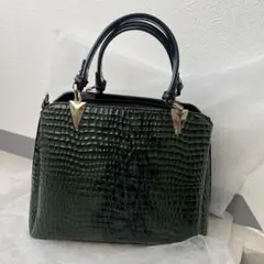 ダークグリーン クロコダイル風ハンドバッグ