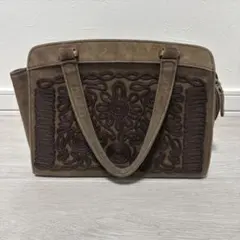 スエード　ハンドバッグ　刺繍　ブラウン