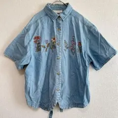 CASEY&MAX デニムシャツ 半袖 花柄刺繍【Ｌ】バックリボン付き