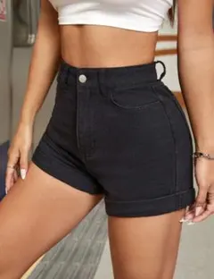 ブラックハイウエストデニムショートパンツ