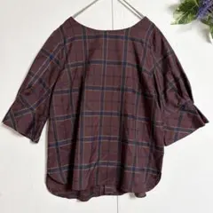 美品/シアー/チェック柄/ボリューム袖✨《OFUON》 半袖ブラウス シャツ L