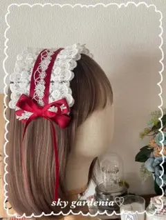 ♡ホワイトフリルレース 赤リボン ローズヘッドドレスクリスマス ロリータゴスロリ