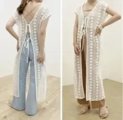 レース編み ノースリーブロングカーディガン F