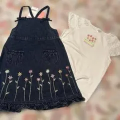 ジンボリー デニム ジャンバースカート 花柄刺繍　Tシャツ４歳110cm