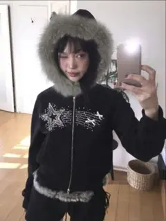 ファー パーカー ラインストーン 星 韓国 Y2K ショート丈 ブラック