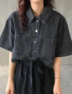 ダークグレー デニム 半袖シャツ