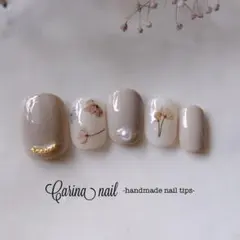 5690 人気再販♪ ジェルネイルチップ エレガント 押し花 グレー