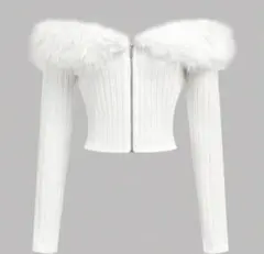 ホワイトリブ編みファー襟ジャケット