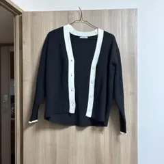 リブ編み ブラック ホワイト カーディガン