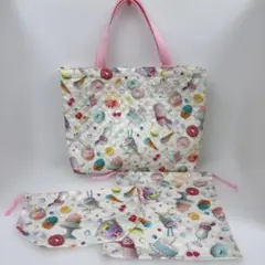 レッスンバッグ　巾着袋　3点セット　デザート　女の子　白　キルティング