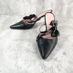 JILLSTUART【24.5】ミュール 黒 リボン ポインテッドトゥ 美脚
