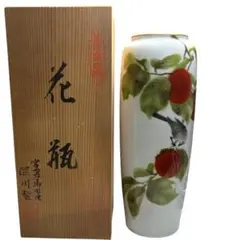 신품 미사용 ・高級木箱入 深川製磁 有田焼 「柿鳥図」花瓶 花生 宮内庁御用達