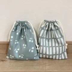 コップ袋　給食袋　巾着　さくらんぼ　格子　くすみカラー　水色　2点　ハンドメイド