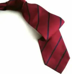 【美品】ネクタイ 国産高級シルク100% ワインカラー　ネイビーストライプ