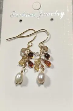 作家様 天然石 淡水パール ピアス トルマリン ブラウン 14kgf